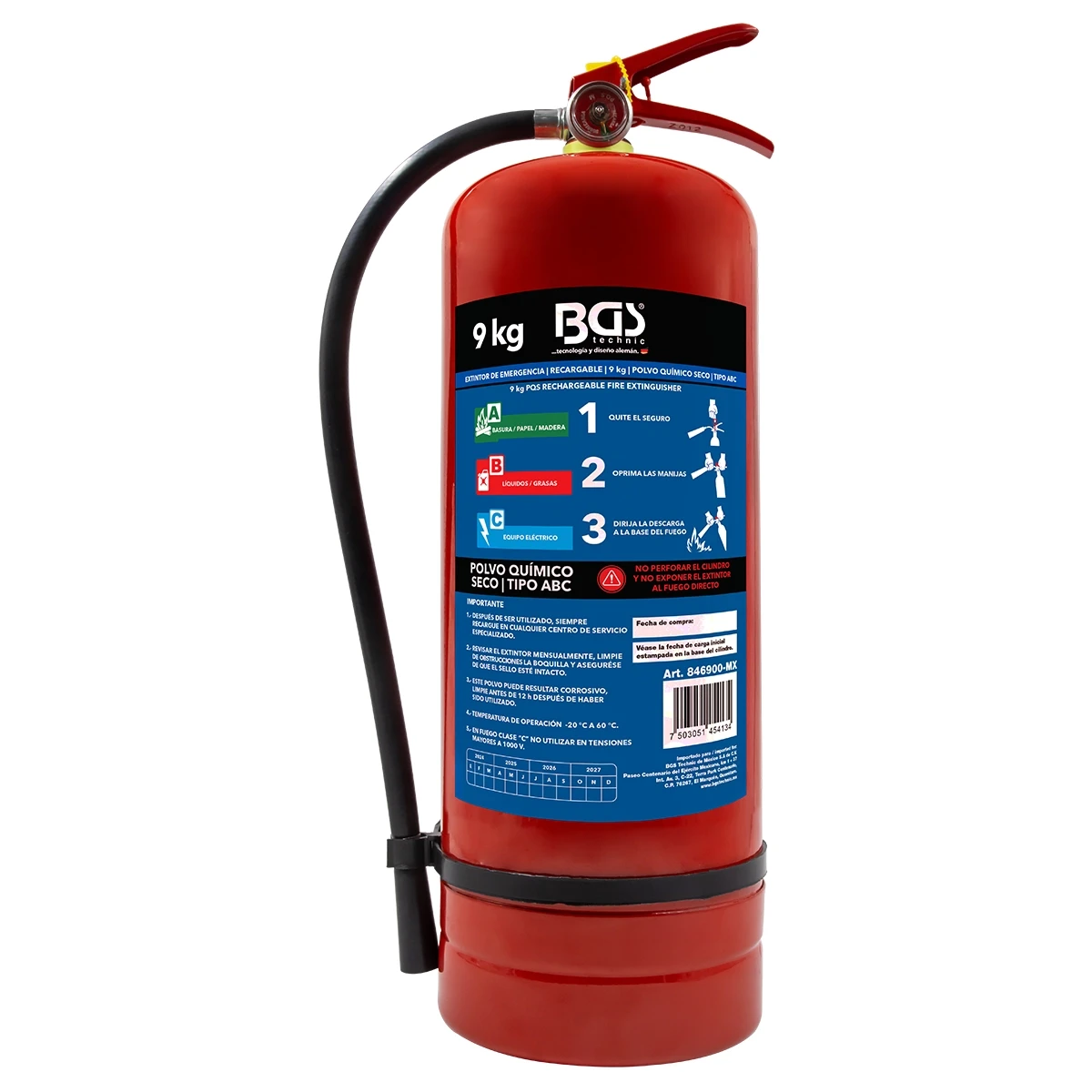 EXTINTOR DE EMERGENCIA RECARGABLE | 9 KG / 19.8 LB | POLVO QUIMICO ABC